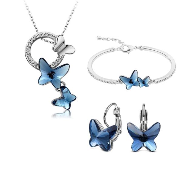 Valentine Gift By Shining Diva Italian Designer Platinum Plated Crystal Butterfly Earrings Chain Pendant Necklace Combo Jewellery Set for Women and Girls (Blue) (14603s) - Image 2