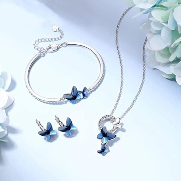 Valentine Gift By Shining Diva Italian Designer Platinum Plated Crystal Butterfly Earrings Chain Pendant Necklace Combo Jewellery Set for Women and Girls (Blue) (14603s) - Image 3