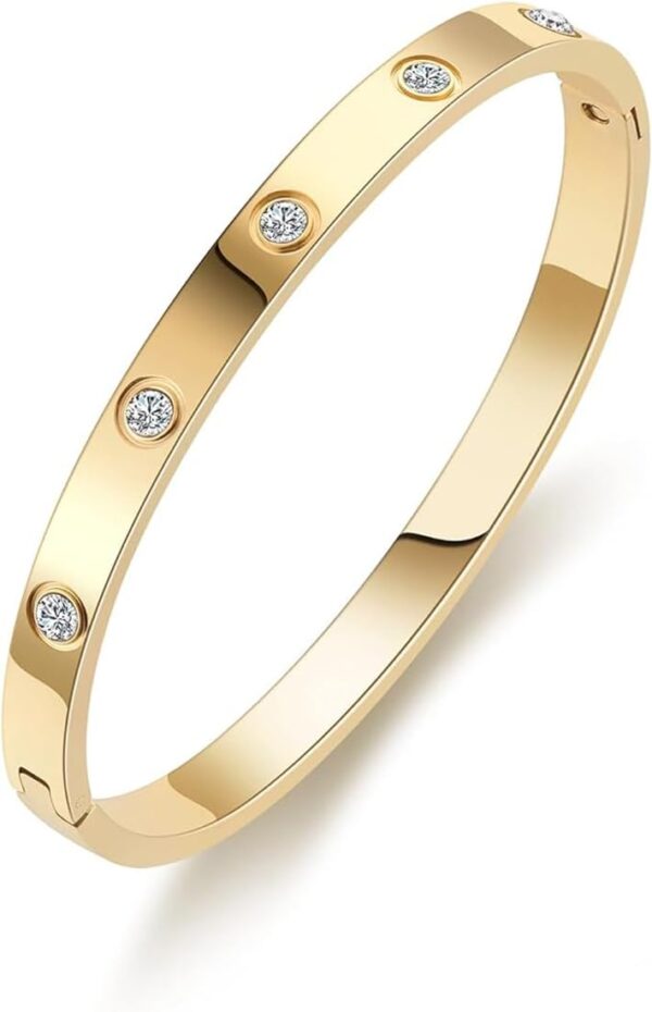 Shining Diva Fashion 18K Gold Plated Stainless Steel Openable Crystal Bracelet | Cuff Bangle | Friendship Couple Wedding Gifts for Mother Sister Wife Girlfriend | Anti Tarnish Jewellery - Image 2