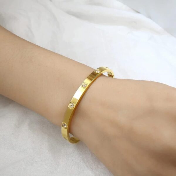 Shining Diva Fashion 18K Gold Plated Stainless Steel Openable Crystal Bracelet | Cuff Bangle | Friendship Couple Wedding Gifts for Mother Sister Wife Girlfriend | Anti Tarnish Jewellery - Image 6