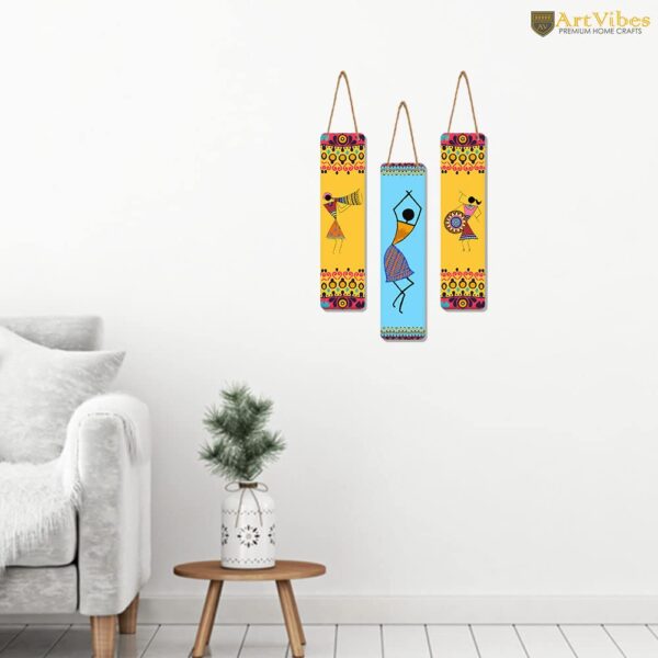 Artvibes African Warli Art Designer Wooden Wall Hanging Decoration Items for Home | Gifts | Bedroom | Wooden Wall Hanger | Mdf Wall Decoration for Living Room | Artworks (WH_8108N), Set of 3 - Image 4