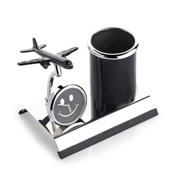 ZAHEPA Aeroplane Miniature Metal Pen Stand With Clock,Stylish Stationary Desk Organizer,Pencil Holder,Elegant Corporate Gift Set,Durable Decorative Showpiece For Office,Doctors,Lawyers(Black) - Image 2