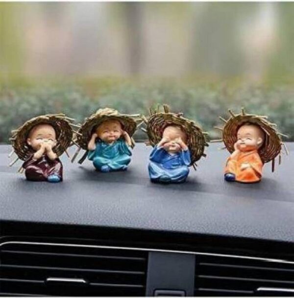 eCraftIndia Think No Evil, Speak No Evil, Hear No Evil, See No Evil Set of 4 Baby Monk Buddha Statue with Hat Decorative Showpiece for Car Dashboard, Home Office Decor & Gift Purpose - Image 3
