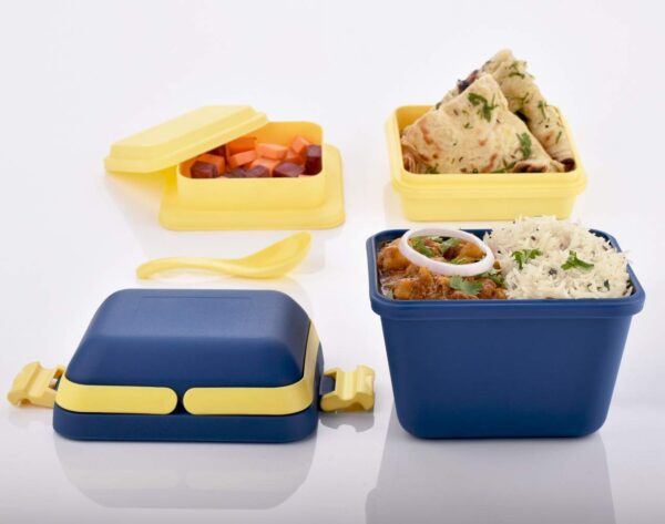 Tosaa Plastic Dieting Airtight Lunch/Tiffin Box Set 3 Compartment Tiffin with Handle&Push Lock for Travelling, School Kids&Office Exclusive,Blue (14 X 12 X 14 Cm),10 ml - Image 3