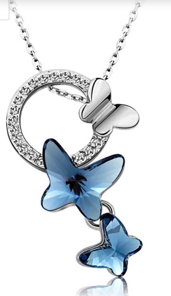 Valentine Gift By Shining Diva Italian Designer Platinum Plated Crystal Butterfly Earrings Chain Pendant Necklace Combo Jewellery Set for Women and Girls (Blue) (14603s) - Image 4