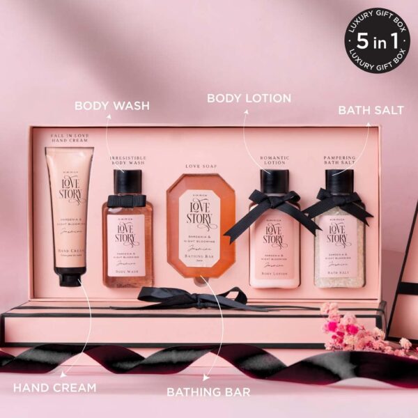 Kimirica Love Story Luxury Bath and Body Care Gift Set Box | Bath Salt, Body Wash, Body Lotion, Bathing Bar and Hand cream | Pack of 5 | For Men and Women | Pampering Kit for Birthday ,Anniversary & All Special Occasions | Premium Gift Packaging 100% Vegan - Image 4