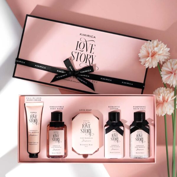 Kimirica Love Story Luxury Bath and Body Care Gift Set Box | Bath Salt, Body Wash, Body Lotion, Bathing Bar and Hand cream | Pack of 5 | For Men and Women | Pampering Kit for Birthday ,Anniversary & All Special Occasions | Premium Gift Packaging 100% Vegan - Image 3