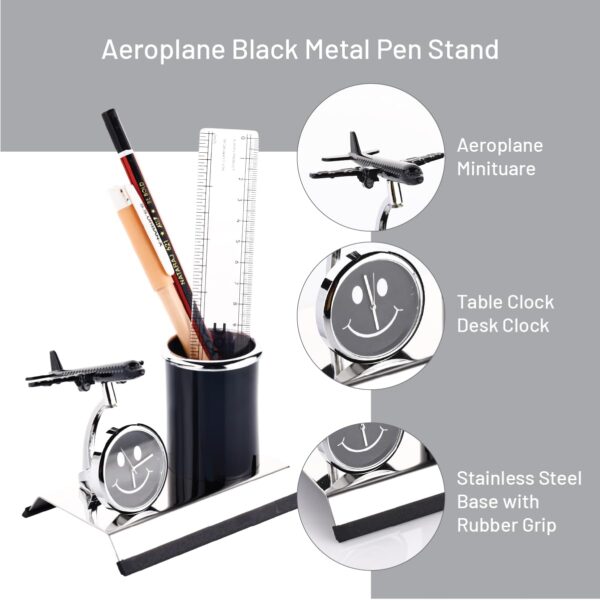 ZAHEPA Aeroplane Miniature Metal Pen Stand With Clock,Stylish Stationary Desk Organizer,Pencil Holder,Elegant Corporate Gift Set,Durable Decorative Showpiece For Office,Doctors,Lawyers(Black) - Image 4
