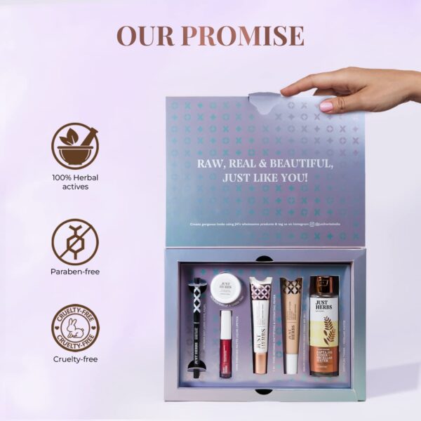 Just Herbs Makeup Kit for Women with Kohl Kajal, 3 in 1 Primer, Liquid Lipstick, Serum Foundation SPF 30+, Saptajal Makeup Removal Toner and Lip & Cheeck Tint (Gift Set) - Image 7
