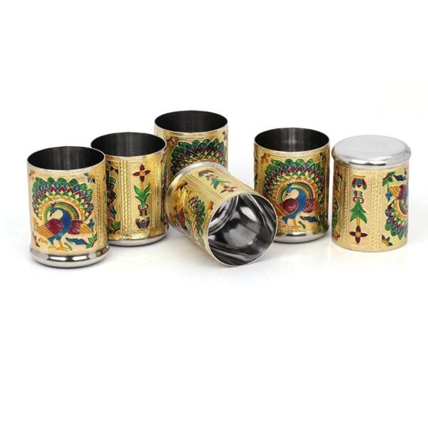 2heet Stainless Steel Handmade Meenakari Peacock Design Decorative Glass Set for Home Traditional Indian Style Set of 6 Glass (Golden Color), 250 ml - Image 6