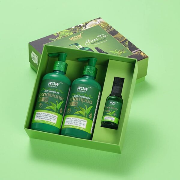WOW Skin Science Green Tea Restoring Gift Kit for Men & Women | Premium Luxury Gift Set | Diwali Gift Kit | Skin & Hair Care | Shampoo, Conditioner, Face Serum | Combo Pack of 3 - Image 4