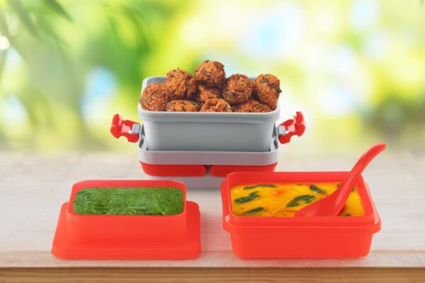 Tosaa Plastic Dieting Airtight Lunch/Tiffin Box Set 3 Compartment Tiffin with Handle&Push Lock for Travelling, School Kids&Office Exclusive,Blue (14 X 12 X 14 Cm),10 ml - Image 5