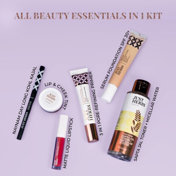 Just Herbs Makeup Kit for Women with Kohl Kajal, 3 in 1 Primer, Liquid Lipstick, Serum Foundation SPF 30+, Saptajal Makeup Removal Toner and Lip & Cheeck Tint (Gift Set) - Image 4