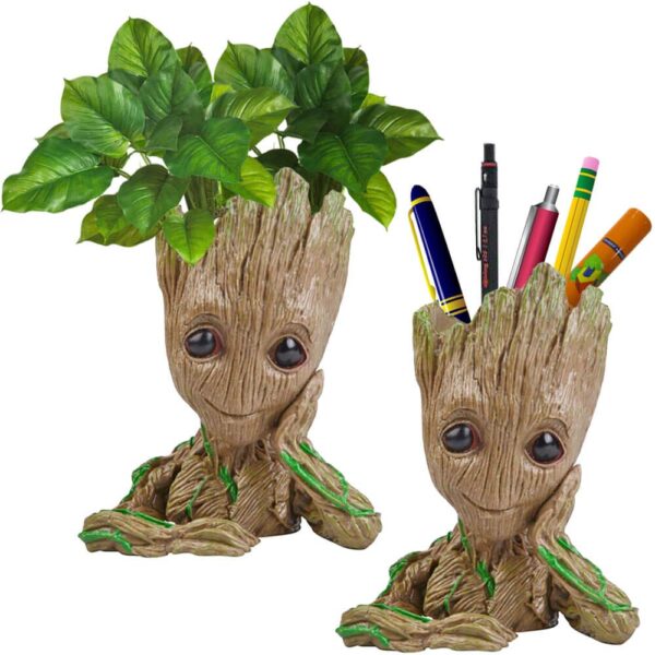 Unique Shape Marvel Avengers Infinity War Pot Groot Wooden Look Tree Flowerpot Cum Pen Container- Tree Man, 16 cm, White, 1 Piece - Image 2