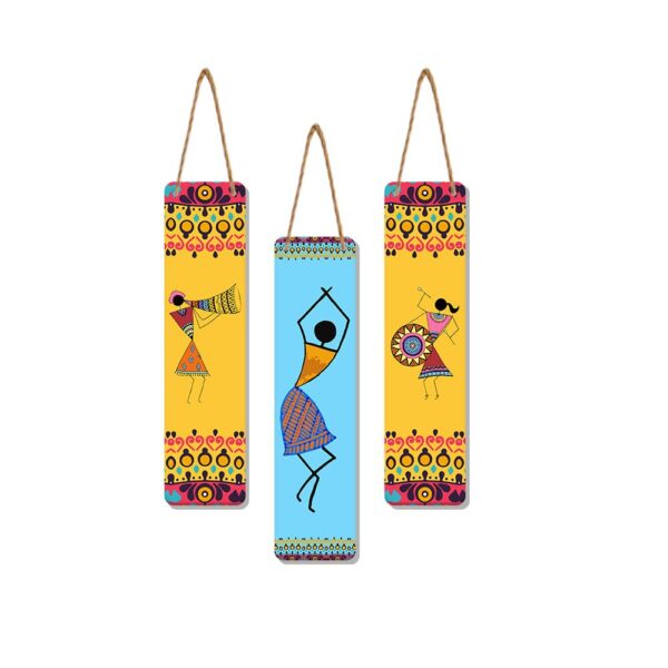 Artvibes African Warli Art Designer Wooden Wall Hanging Decoration Items for Home | Gifts | Bedroom | Wooden Wall Hanger | Mdf Wall Decoration for Living Room | Artworks (WH_8108N), Set of 3 - Image 2