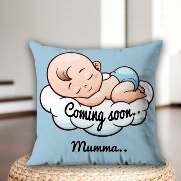 AWANI TRENDS Satin Coming Soon Mumma Pregnant Gift For Wife Women Sister Pregnancy Gift For Baby Shower Printed Cushion Cover(12 X 12 Inch) With Filler-Blue,200 TC - Image 3