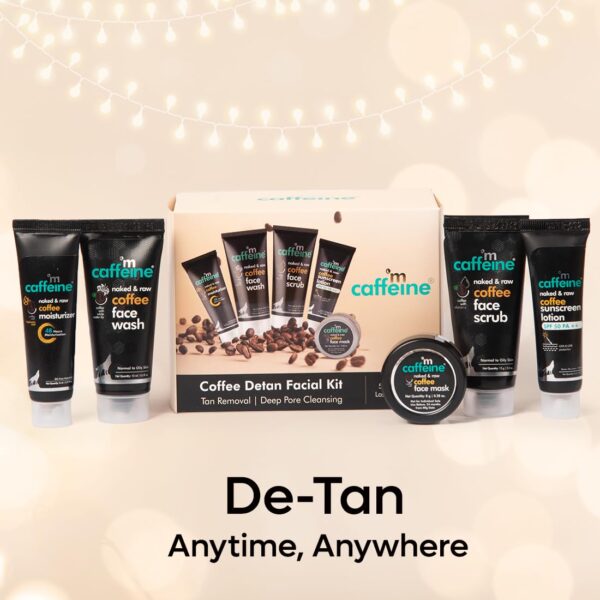 mCaffeine Coffee Detan Facial Travel Kit | Gift for Birthday and Anniversary | Value Pack of 5 Signature Face Care Products: Face Wash, Scrub, Mask, Moisturizer & Sunscreen for both Women and Men | Diwali Gift Kit Bhaidooj Sister Brother Cousin Gift for Wife Karwachauth Karva chaut Couples | Gifting Solution for All Occasions - Image 3