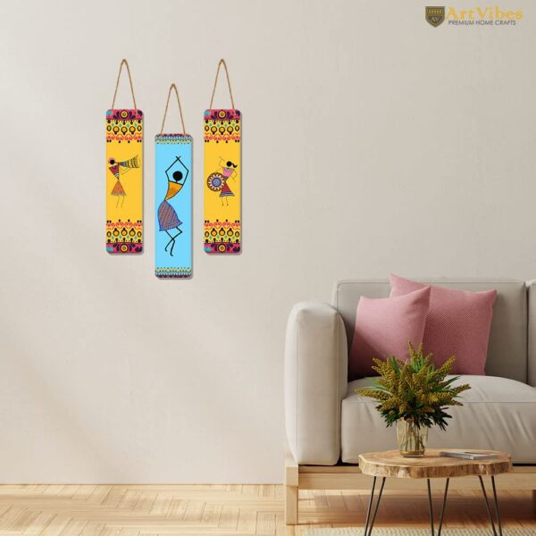Artvibes African Warli Art Designer Wooden Wall Hanging Decoration Items for Home | Gifts | Bedroom | Wooden Wall Hanger | Mdf Wall Decoration for Living Room | Artworks (WH_8108N), Set of 3 - Image 3