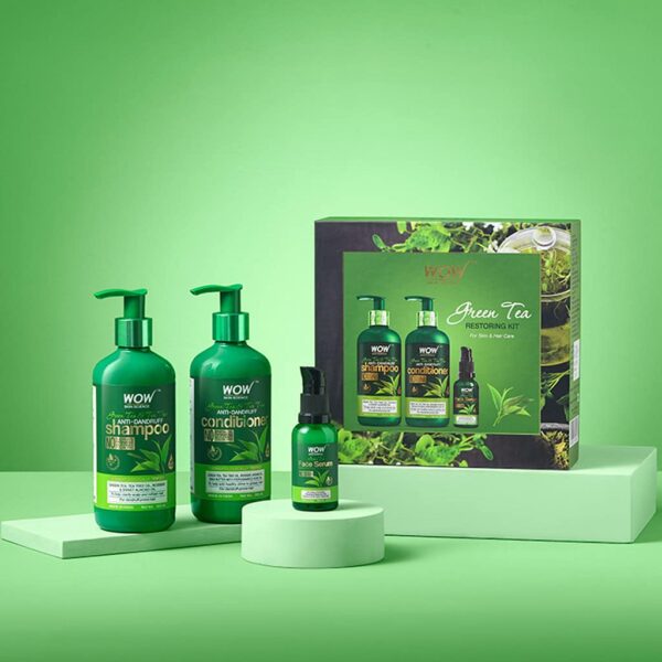 WOW Skin Science Green Tea Restoring Gift Kit for Men & Women | Premium Luxury Gift Set | Diwali Gift Kit | Skin & Hair Care | Shampoo, Conditioner, Face Serum | Combo Pack of 3 - Image 3