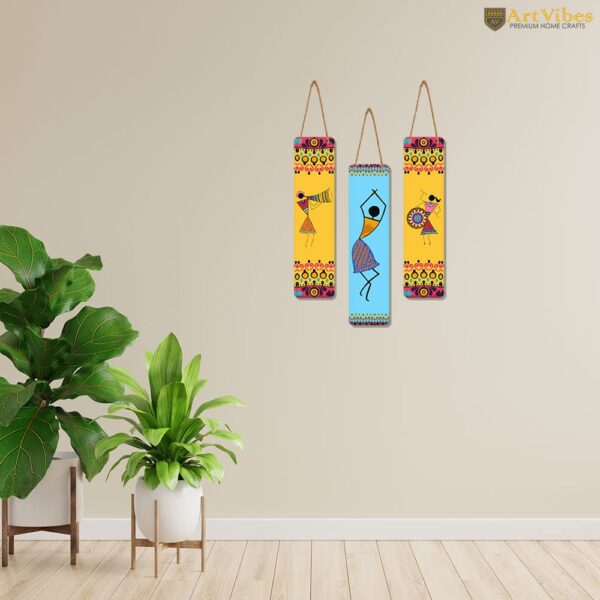 Artvibes African Warli Art Designer Wooden Wall Hanging Decoration Items for Home | Gifts | Bedroom | Wooden Wall Hanger | Mdf Wall Decoration for Living Room | Artworks (WH_8108N), Set of 3 - Image 5