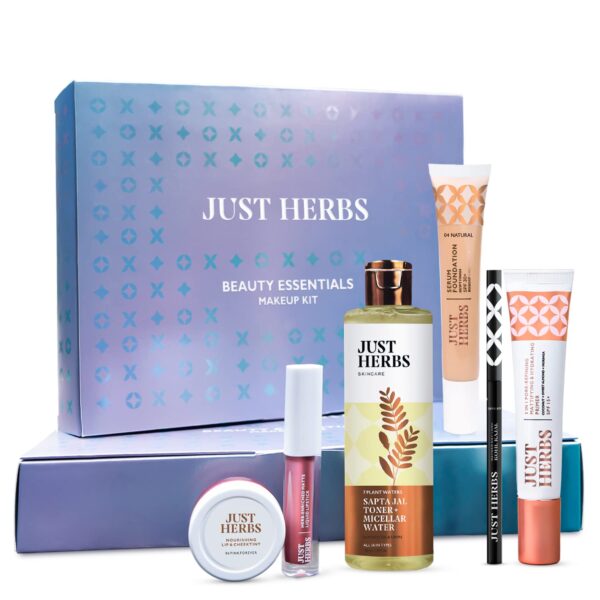 Just Herbs Makeup Kit for Women with Kohl Kajal, 3 in 1 Primer, Liquid Lipstick, Serum Foundation SPF 30+, Saptajal Makeup Removal Toner and Lip & Cheeck Tint (Gift Set) - Image 2