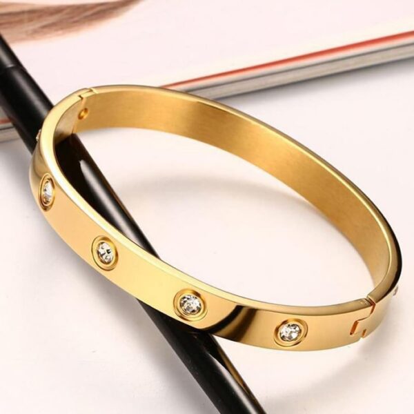 Shining Diva Fashion 18K Gold Plated Stainless Steel Openable Crystal Bracelet | Cuff Bangle | Friendship Couple Wedding Gifts for Mother Sister Wife Girlfriend | Anti Tarnish Jewellery - Image 5