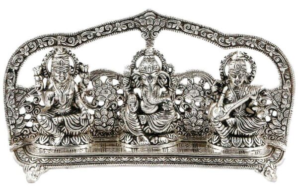 INTERNATIONAL GIFT® Silver Laxmi Ganesh Sarswati Idol Statue Oxidized Finish with Red Velvet Box Packing with Beautiful Carry Bag (14 cm X 25 cm X 5 cm) - Image 4