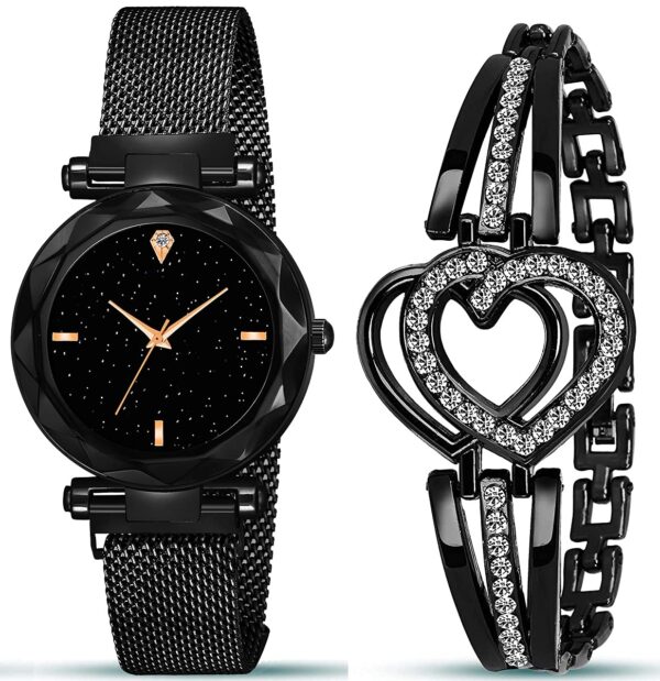 Acnos® Premium Brand - A Watch Analogue Plain Black Dial Magnet Watch with Gift Bracelet for Women Or Girls and Watch for Girl Or Women (Combo of 3) - Image 3