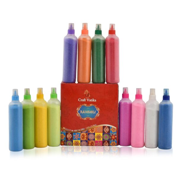 CraftVatika 12 Rangoli Colour Powder Tube Kit, Diwali Decoration Items Bottles Tool Floor Art Rang for Home Navratri Pongal Pooja Mandir Decor (Pack of 12) (1 Box- 12 Bottle) - Image 7