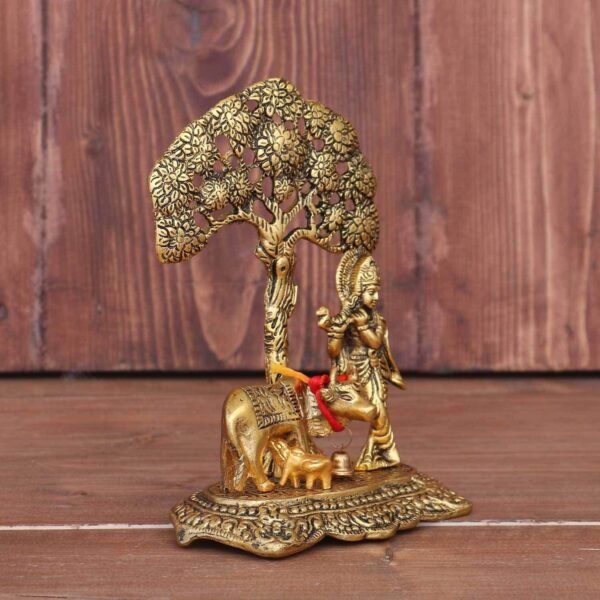KridayKraft Prince Home Decor & Gifts Metal Krishna With Cow Standing Under Tree Plying Flute (Gold, 12.5X8X16Cm), 1 Piece - Image 4