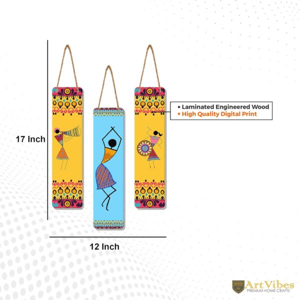 Artvibes African Warli Art Designer Wooden Wall Hanging Decoration Items for Home | Gifts | Bedroom | Wooden Wall Hanger | Mdf Wall Decoration for Living Room | Artworks (WH_8108N), Set of 3 - Image 7