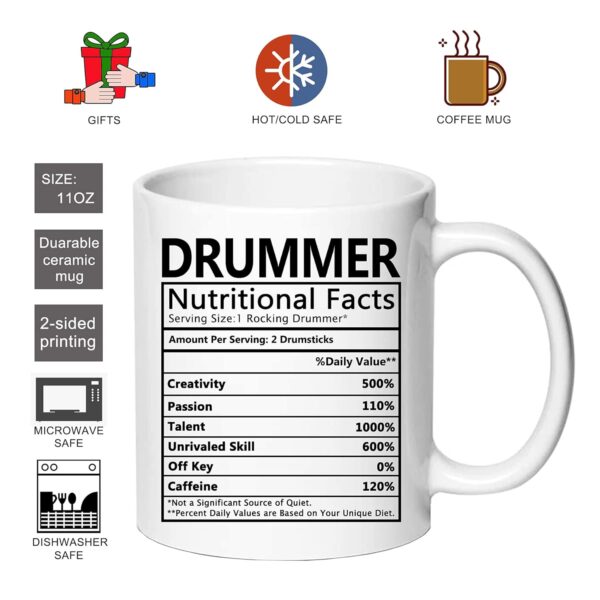 AliCarr Drummer Nutritional Facts Coffee Mug - Drummer Mugs Gifts for Men - Drum Player Funny Novelty Gag Gift for Kids Christmas Birthday Ceramic Ingredients Tea Cup - Image 3