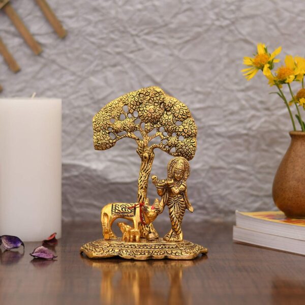 Collectible India Gift Items Metal Krishna Idol Murti with Kamdhenu Cow - Gold Plated Showpiece Articles for Home Decor, Office,House Warming (Set of 1) - Image 2