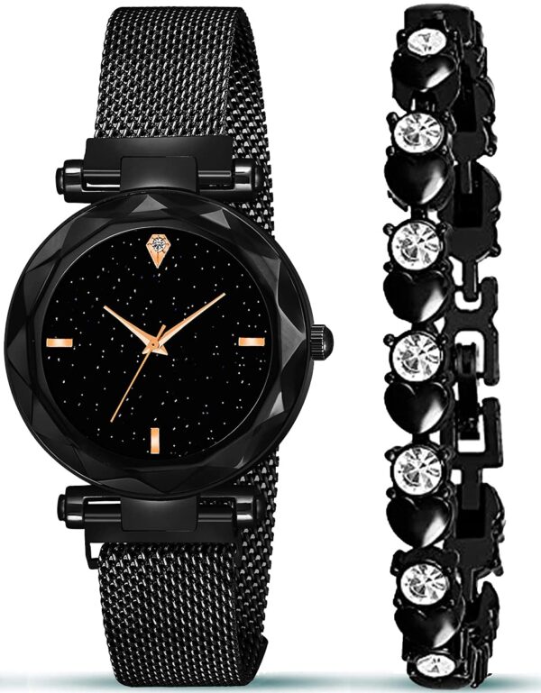 Acnos® Premium Brand - A Watch Analogue Plain Black Dial Magnet Watch with Gift Bracelet for Women Or Girls and Watch for Girl Or Women (Combo of 3) - Image 4