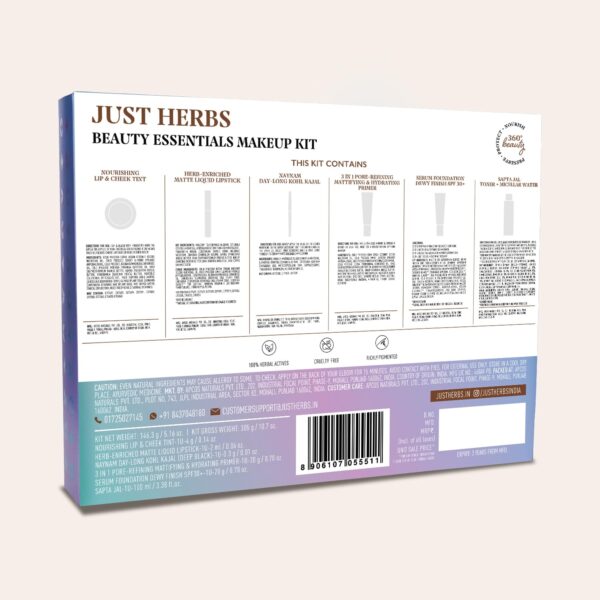 Just Herbs Makeup Kit for Women with Kohl Kajal, 3 in 1 Primer, Liquid Lipstick, Serum Foundation SPF 30+, Saptajal Makeup Removal Toner and Lip & Cheeck Tint (Gift Set) - Image 8