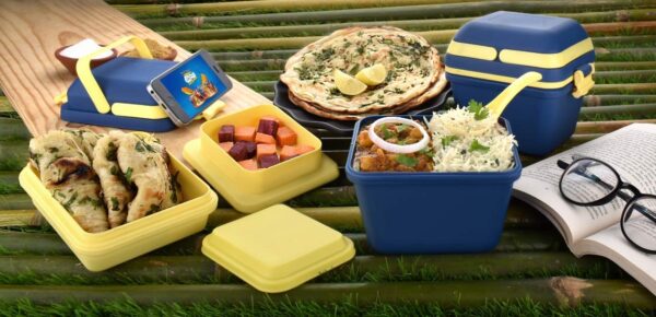 Tosaa Plastic Dieting Airtight Lunch/Tiffin Box Set 3 Compartment Tiffin with Handle&Push Lock for Travelling, School Kids&Office Exclusive,Blue (14 X 12 X 14 Cm),10 ml - Image 4