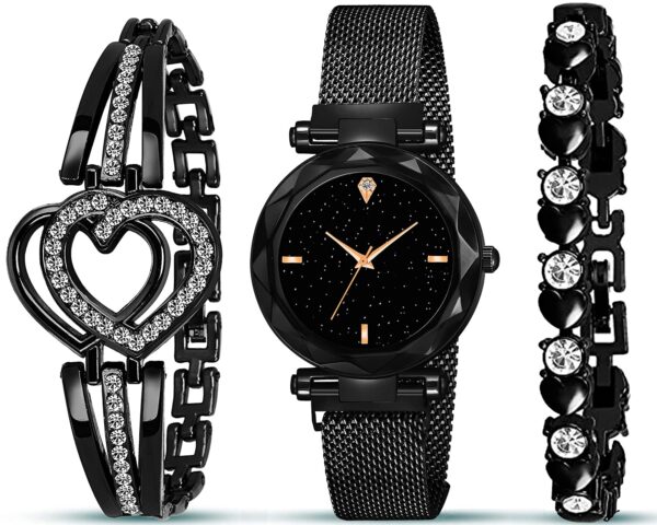 Acnos® Premium Brand - A Watch Analogue Plain Black Dial Magnet Watch with Gift Bracelet for Women Or Girls and Watch for Girl Or Women (Combo of 3) - Image 2