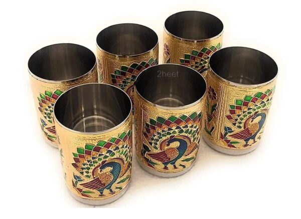 2heet Stainless Steel Handmade Meenakari Peacock Design Decorative Glass Set for Home Traditional Indian Style Set of 6 Glass (Golden Color), 250 ml - Image 2