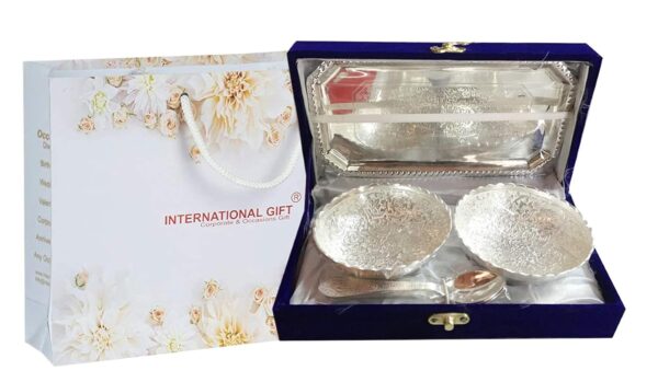 INTERNATIONAL GIFT® German Silver Brass Two Bowl with Two Spoon and with Single Tray with Beautiful Velvet Box Packing with Carry Bag Uses for Dry Fruit | Chocolate | Sweet | HomeDecor - Image 2