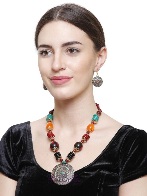 YouBella Jewellery set for Women Stylish Latest Tibetan Pendant Necklace with Earrings for Women & Girls (Gift) Tribal Necklace Jewellery Beads Necklace - Image 3