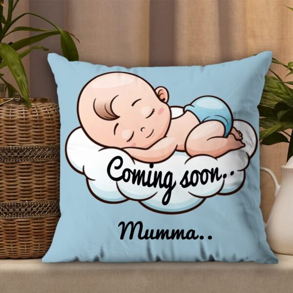 AWANI TRENDS Satin Coming Soon Mumma Pregnant Gift For Wife Women Sister Pregnancy Gift For Baby Shower Printed Cushion Cover(12 X 12 Inch) With Filler-Blue,200 TC - Image 2