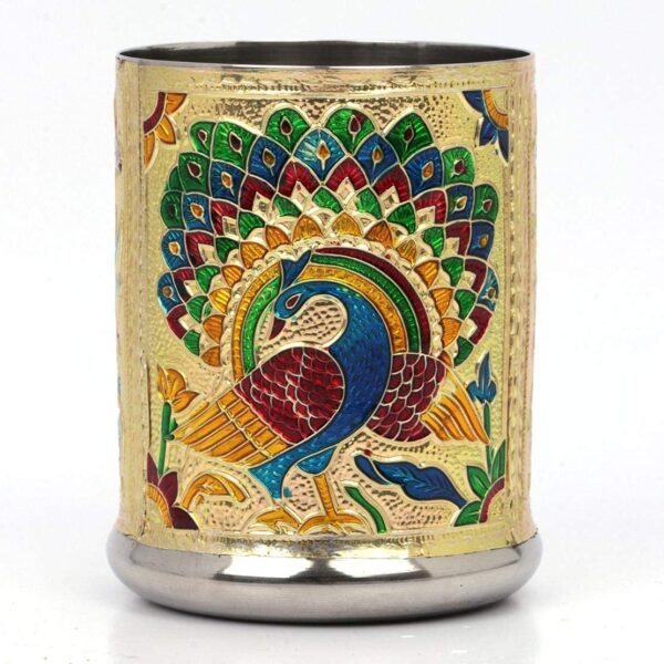 2heet Stainless Steel Handmade Meenakari Peacock Design Decorative Glass Set for Home Traditional Indian Style Set of 6 Glass (Golden Color), 250 ml - Image 5