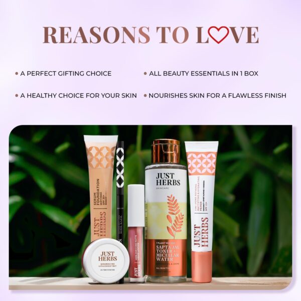 Just Herbs Makeup Kit for Women with Kohl Kajal, 3 in 1 Primer, Liquid Lipstick, Serum Foundation SPF 30+, Saptajal Makeup Removal Toner and Lip & Cheeck Tint (Gift Set) - Image 5