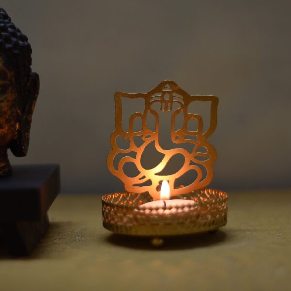 eCraftIndia Shadow Ganesh Ji Metal Tea Light Holder (8 cm x 8 cm x 11 cm, Brown) - Image 2