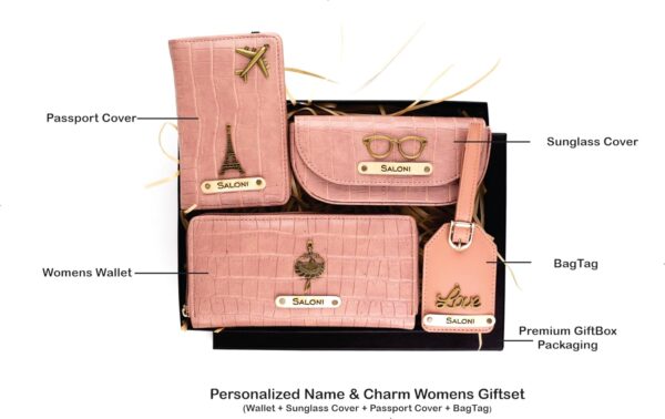 AICA Personalized Name & Charm Self-Textured Leather Wallet Women’s Combo Giftset (NudePink) | Birthday Anniversary Wedding Gifts for Women - Image 3
