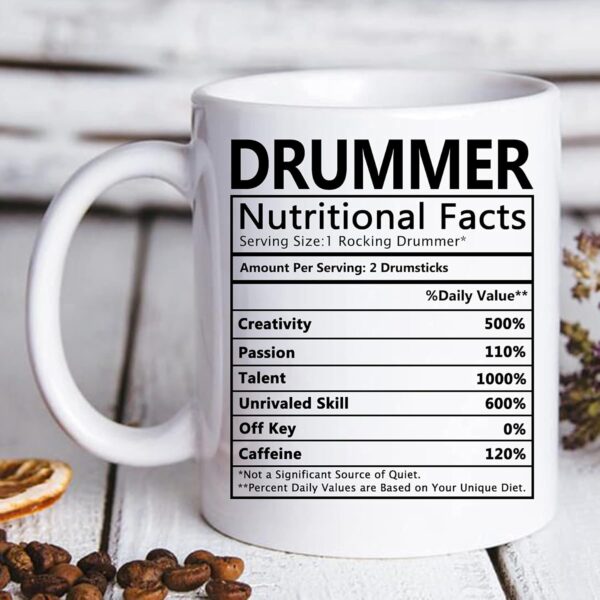 AliCarr Drummer Nutritional Facts Coffee Mug - Drummer Mugs Gifts for Men - Drum Player Funny Novelty Gag Gift for Kids Christmas Birthday Ceramic Ingredients Tea Cup - Image 5