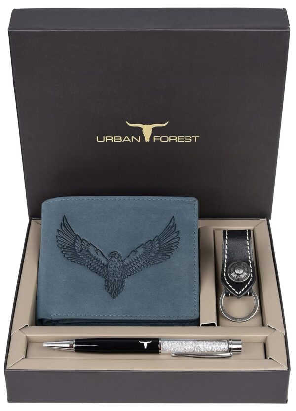 URBAN FOREST Zylo Vintage Blue Leather Wallet + Keychain + Pen Combo Gift Set for Men - Image 3