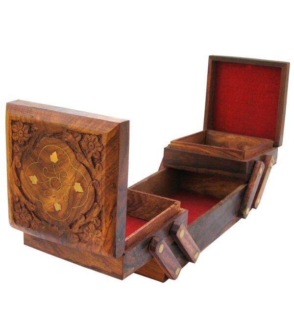 ITOS365 Jewellery Box for Women Wooden Flip Flap Flower Carved Design Handmade Gift, 8 inches - Image 4