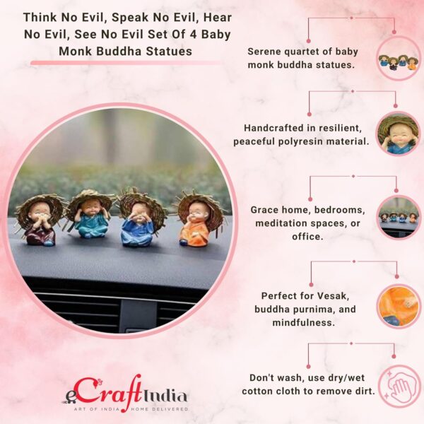 eCraftIndia Think No Evil, Speak No Evil, Hear No Evil, See No Evil Set of 4 Baby Monk Buddha Statue with Hat Decorative Showpiece for Car Dashboard, Home Office Decor & Gift Purpose - Image 4