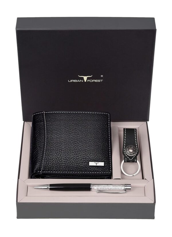 URBAN FOREST Oliver Black Leather Wallet, Black Keychain & Pen Combo Gift Set for Men - Image 3